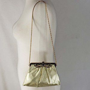 Debbie Jerome Vintage Gold Evening HANDBAG Ornate Floral Metal Clasp
